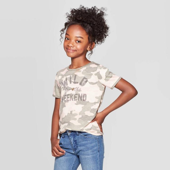 Girls' Short Sleeve Camo Print T-shirt - Art Class Green