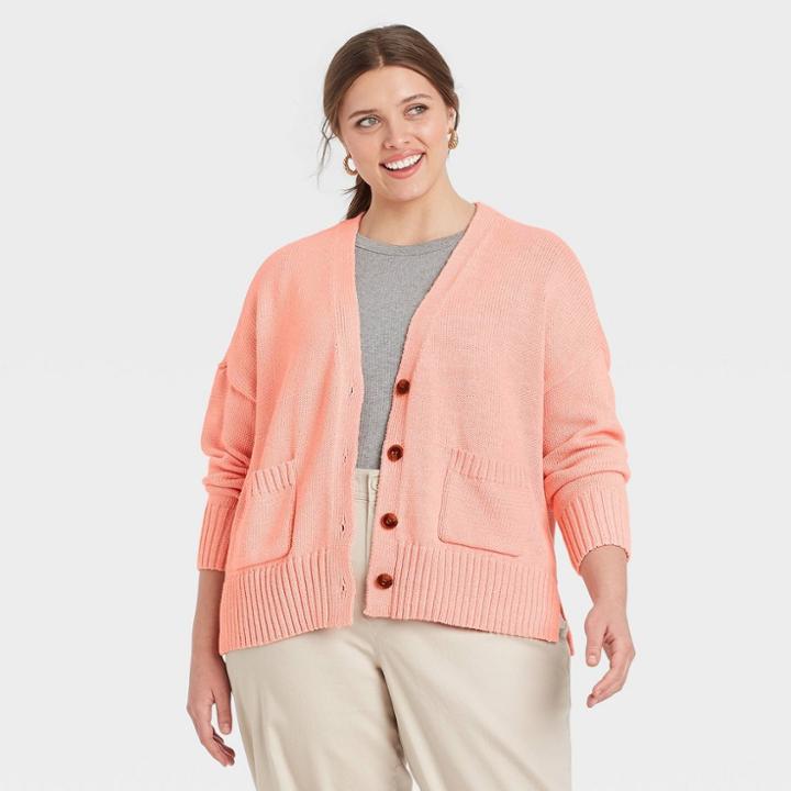 Women's Plus Size Button-front Cardigans - A New Day Blush Peach