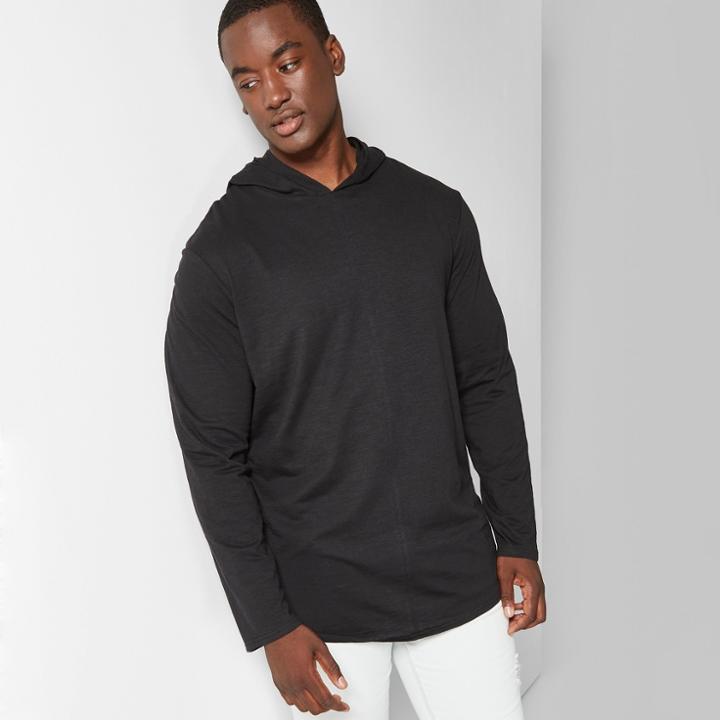 Men's Tall Long Sleeve Curved Hem Hooded T-shirt - Original Use Black