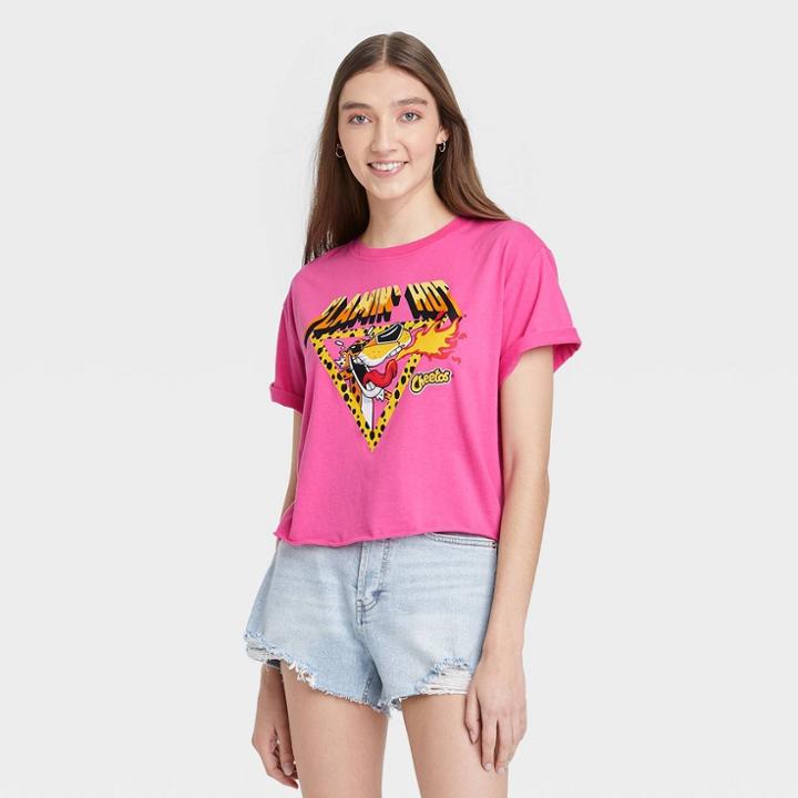 Frito-lay Women's Hot Cheetos Cropped Short Sleeve Graphic T-shirt - Pink