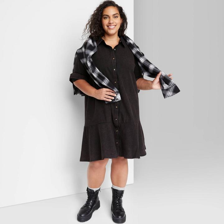Women's Plus Size Long Sleeve Shirtdress - Wild Fable Black