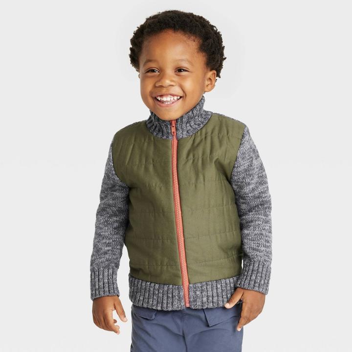 Toddler Boys' Quilted And Knit Zip-up Sweater - Cat & Jack Olive Green