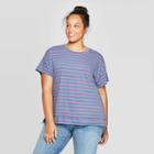 Women's Plus Size Striped Short Sleeve Crewneck Boxy T-shirt - Universal Thread Pink