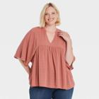 Women's Plus Size Flutter Short Sleeve V-neck Blouse - Knox Rose Coral