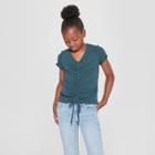 Girls' Knitted Ruched Front Short Sleeve T-shirt - Art Class Blue
