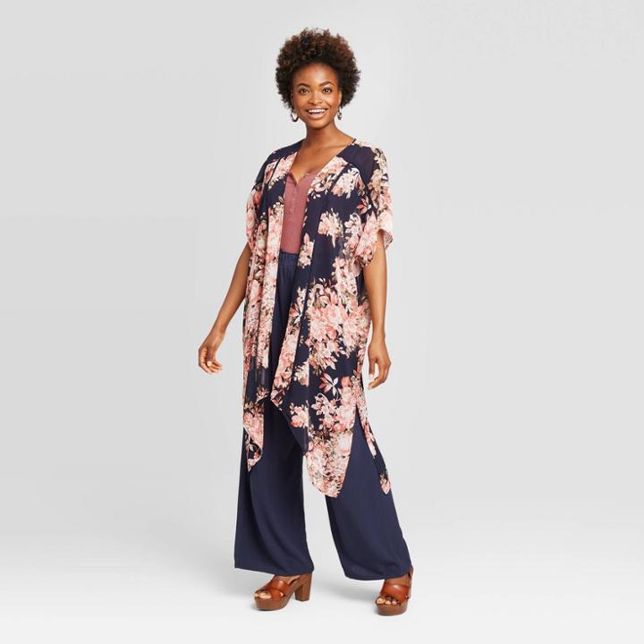 Women's Floral Print Short Sleeve Long Sheer Kimono Jacket - Xhilaration Navy Xs/s, Women's, Size: