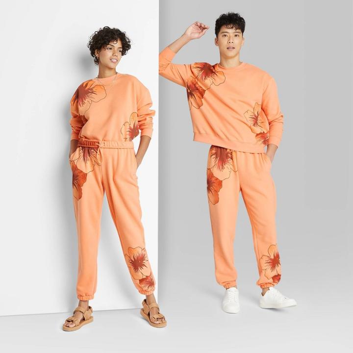 Mid-rise Fleece Sweatpants - Wild Fable Peach Orange Floral