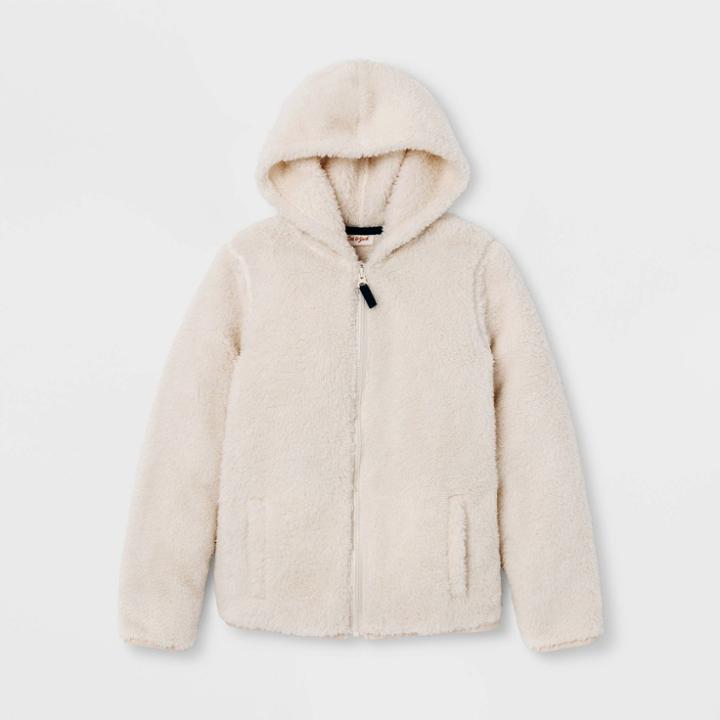 Kids' Long Sleeve Cozy Sherpa Hoodie Sweatshirt - Cat & Jack Cream Xs, Kids Unisex, Ivory