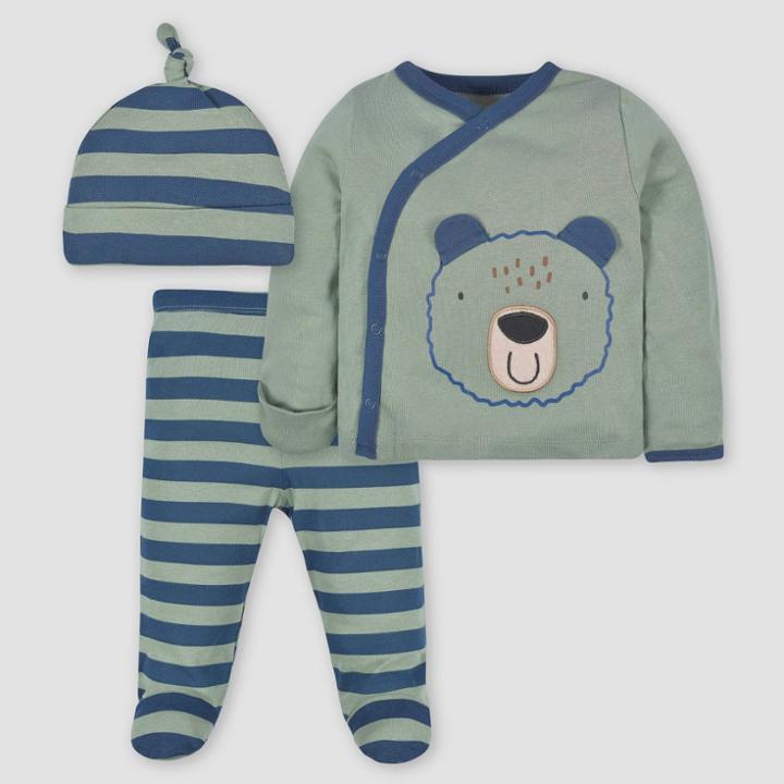 Gerber Baby Boys' 3pc Bear Top And Bottom Set - Navy Blue/forest Green Newborn