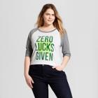 Women's Plus Size Zero Lucks Given 3/4 Sleeve Raglan Graphic T-shirt - Modern Lux (juniors') - White