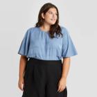 Women's Plus Size Jacquard Short Sleeve Round Neck Woven T-shirt - A New Day Blue