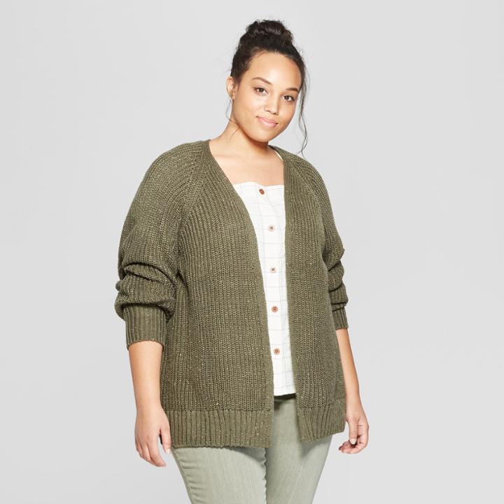 Women's Plus Size Long Sleeve Relaxed Open Layering - Universal Thread Olive (green)