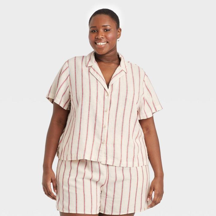 Women's Plus Size Striped Short Sleeve Button-down Shirt - Universal Thread Red