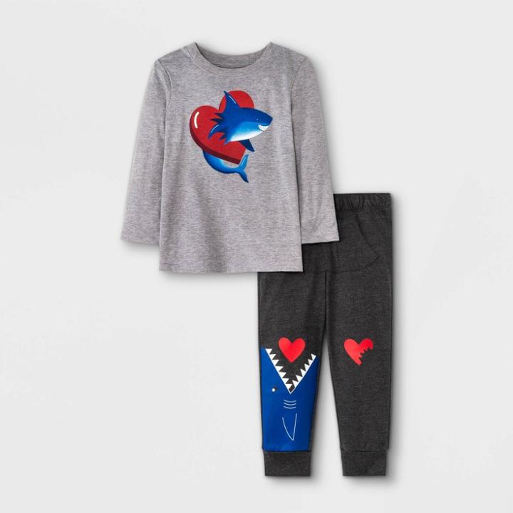 Toddler Boys' 2pc Valentine's Day Shark Graphic Long Sleeve T-shirt & Fleece Jogger Pants Set - Cat & Jack Gray/black