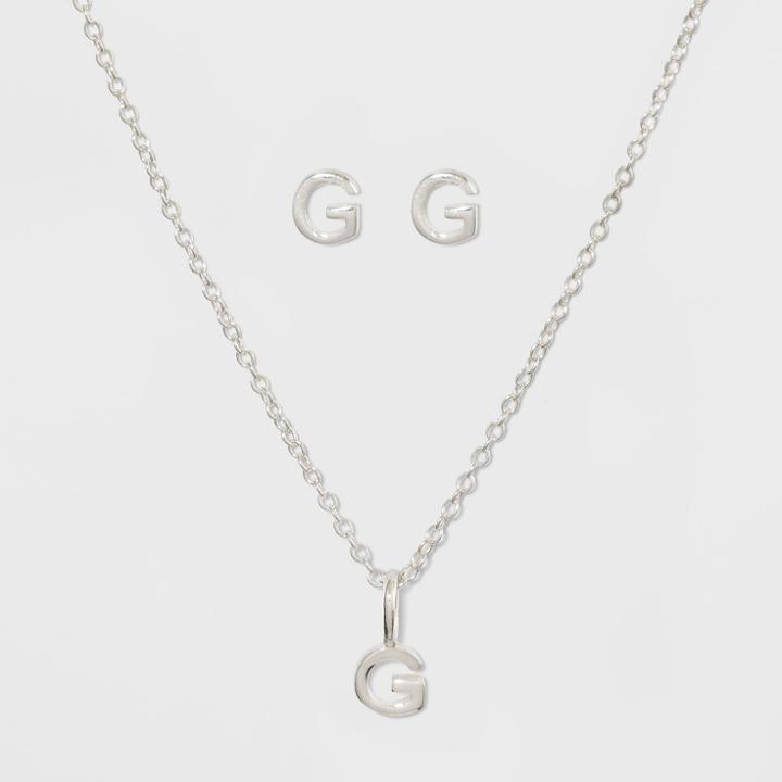 Sterling Silver Initial G Earrings And Necklace Set - A New Day Silver, Girl's,