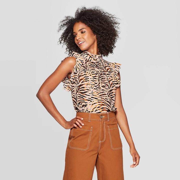 Women's Animal Print Sleeveless Cowl Neck Front Button-down Blouse - Who What Wear Brown