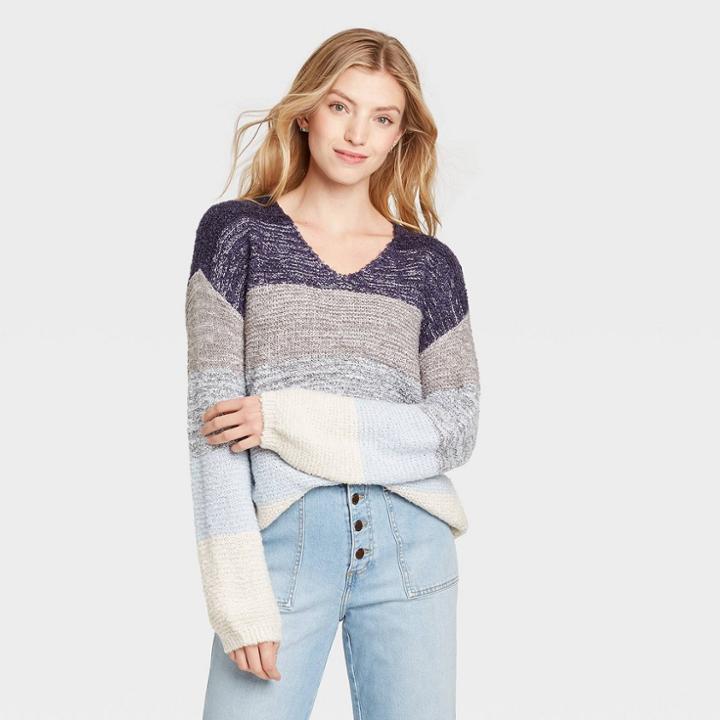 Women's Striped V-neck Pullover Sweater - Knox Rose