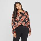 Women's Plus Size Floral Print Long Sleeve Silky Button-back Top - Who What Wear Black