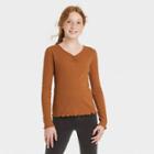 Girls' Cinch Front Lettuce Edge Long Sleeve T-shirt - Art Class Tan
