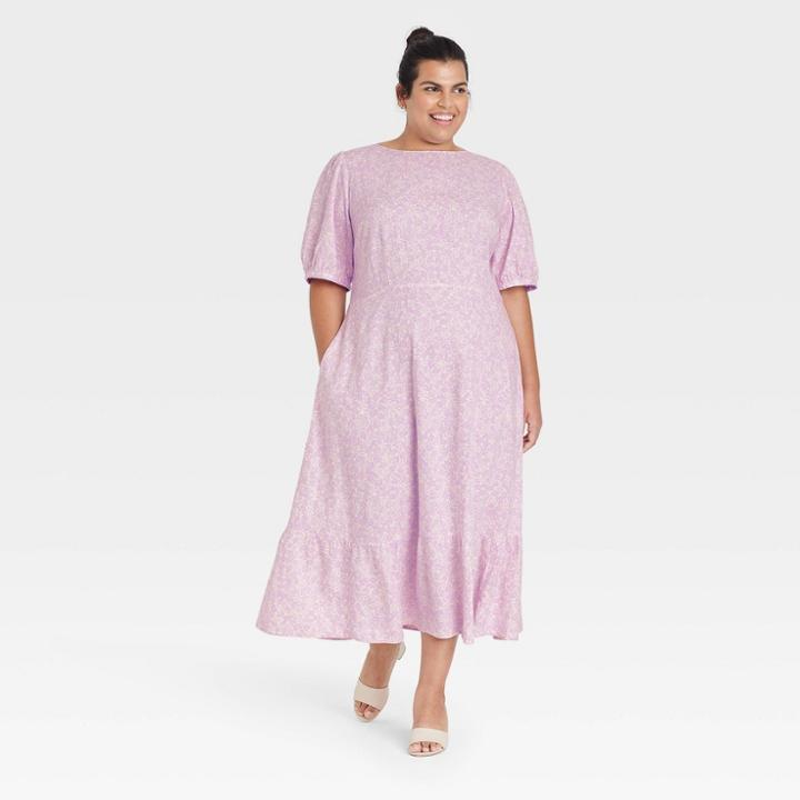 Women's Plus Size Bishop Elbow Sleeve Tie-back Dress - Who What Wear Purple Floral