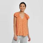 Women's Floral Print Flutter Short Sleeve V-neck Blouse - A New Day Orange