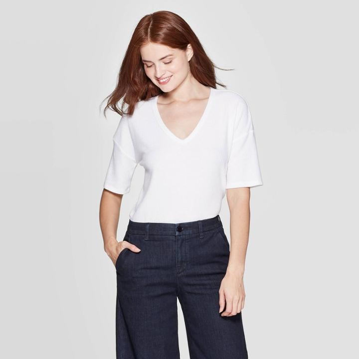 Women's Short Sleeve V-neck Rib T-shirt - A New Day Fresh White