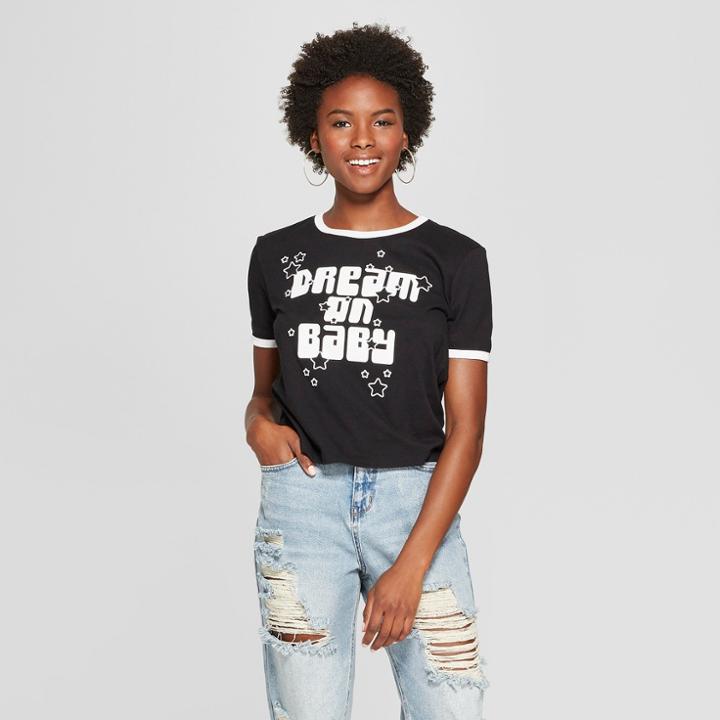 Women's Short Sleeve Dream On Baby Cropped Graphic T-shirt - Mighty Fine (juniors') Black/white
