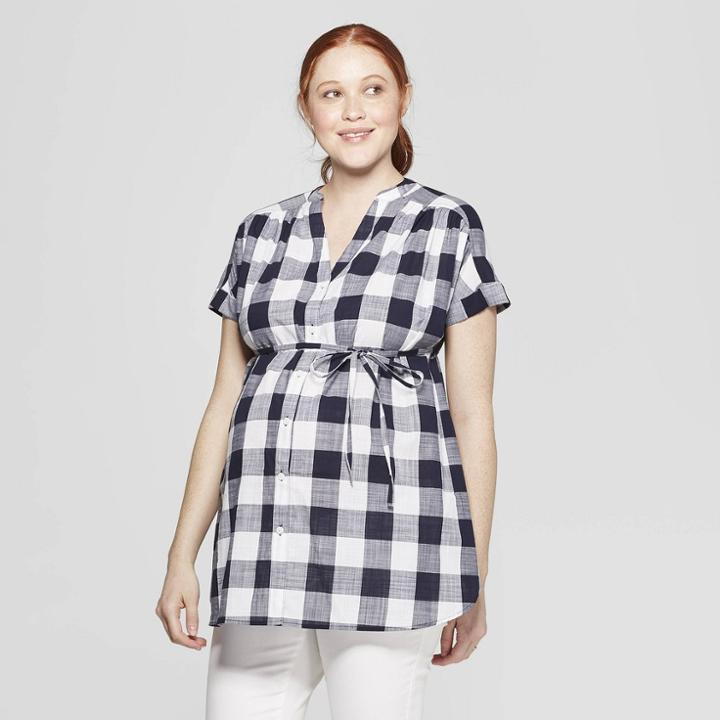 Maternity Plaid Dolman Short Sleeve Top - Isabel Maternity By Ingrid & Isabel Navy S, Women's, Blue
