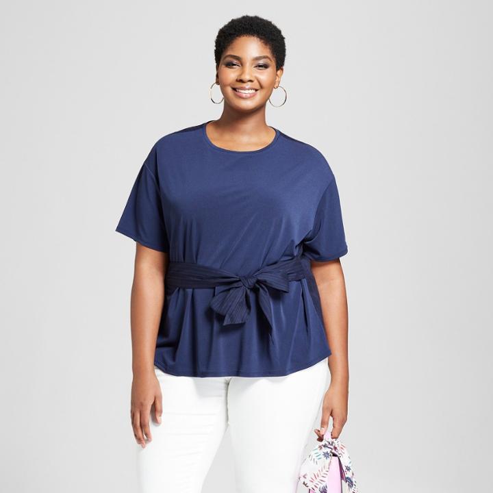 Women's Plus Size Knit Woven Tie Short Sleeve T-shirt - Ava & Viv Navy (blue)