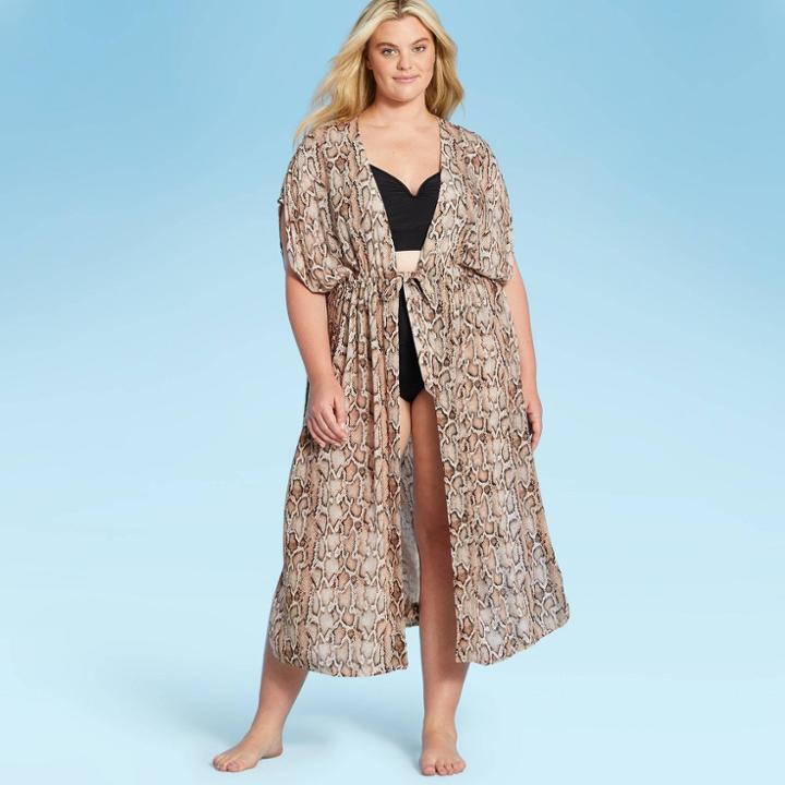 Kona Sol Women's Plus Size Tie-front Midi Cover Up Duster - Kona