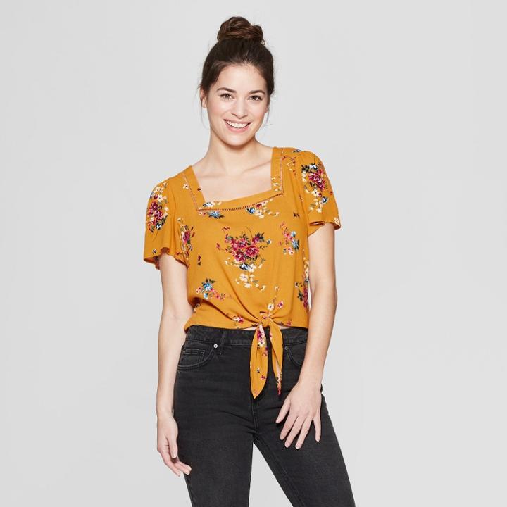 Women's Floral Print Short Sleeve Square Neck Tie Front Top - Xhilaration Yellow