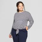 Women's Plus Size Striped Long Sleeve Tie Front T-shirt - Ava & Viv Navy (blue)