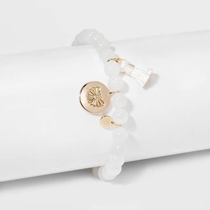 No Brand Semi-precious Beaded With Tassel, Bee Charm, And Disc Stretch Bracelet - White, Women's