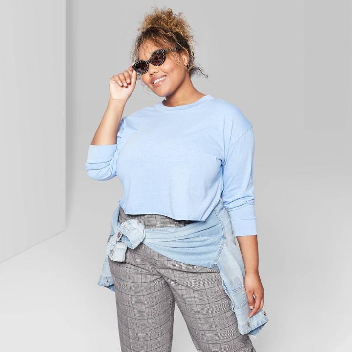 Women's Plus Size Long Sleeve Crewneck Boxy T-shirt - Wild Fable Aegean Sea Blue