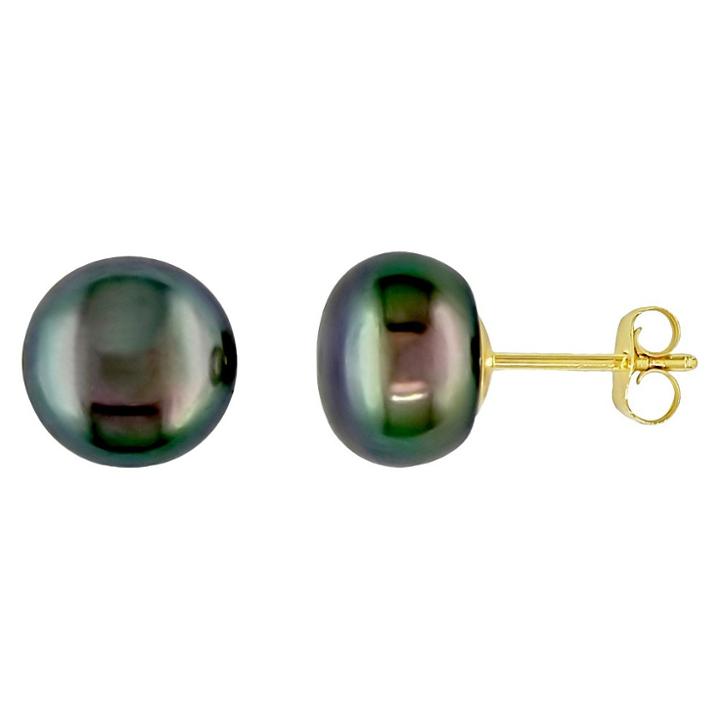 Target 9-10mm Cultured Freshwater Button Pearl Stud Earrings In 10k Yellow Gold - Black