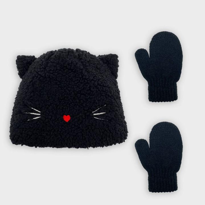 Baby Girls' Fuzzy Cat Beanie And Magic Mittens Set - Cat & Jack Black