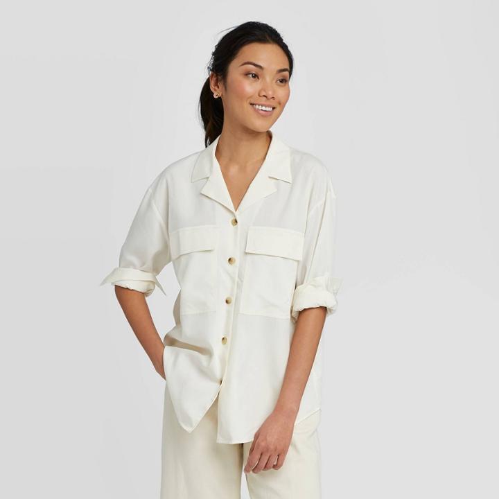 Women's Long Sleeve Button-down Utility Top - A New Day Cream Xs, Women's, Ivory