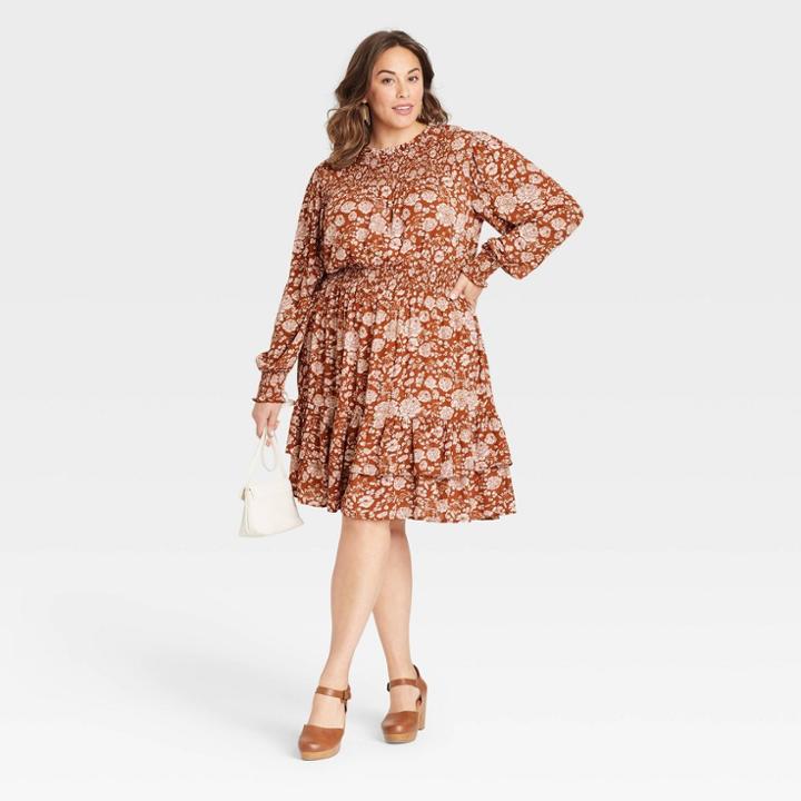 Women's Plus Size Long Bishop Sleeve Smocked Dress - Knox Rose Rust Floral