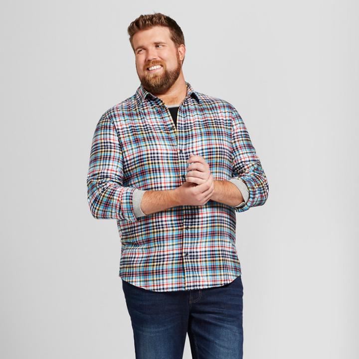 Men's Big & Tall Long Sleeve Lightweight Flannel Button-down Shirt - Goodfellow & Co Atlantis Turquoise