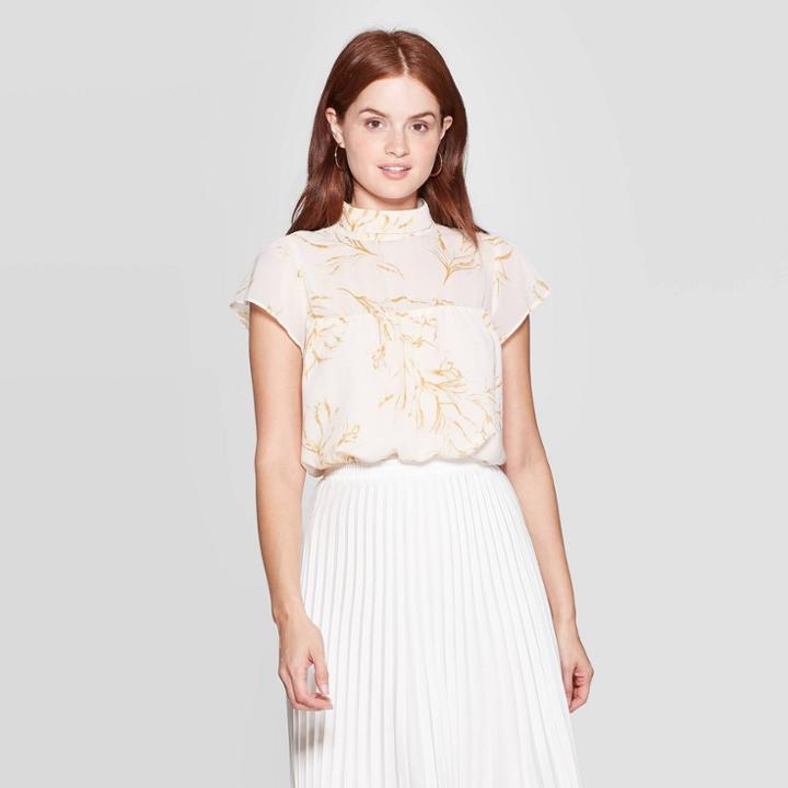 Women's Floral Print Flutter Short Sleeve Turtleneck Blouse - A New Day Cream