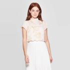 Women's Floral Print Flutter Short Sleeve Turtleneck Blouse - A New Day Cream