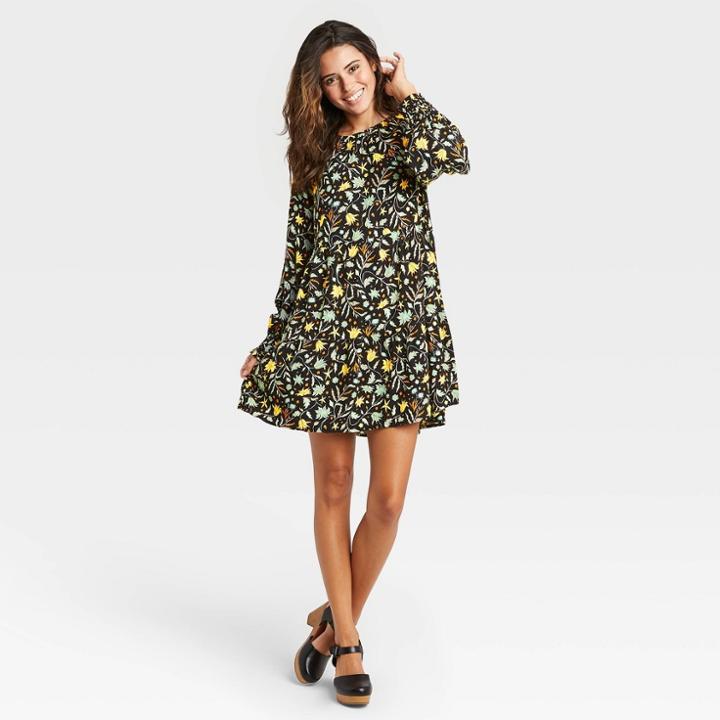 Women's Floral Print Balloon Long Sleeve Tiered Babydoll Dress - Universal Thread Black