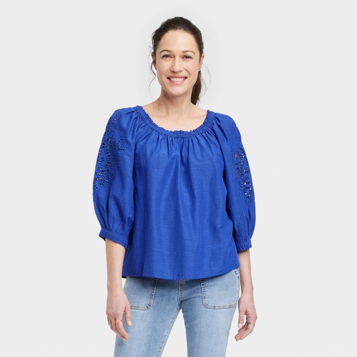 Women's Bishop 3/4 Sleeve Embroidered Top - Knox Rose Royal Blue