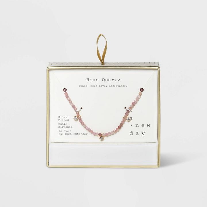 Silver Plated With Cubic Zirconia Rose Quartz Beaded Necklace - A New Day Pink