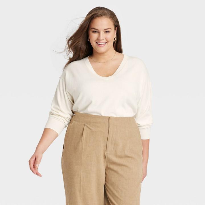 Women's Plus Size Fine Gauge V-neck Sweater - A New Day Cream