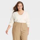 Women's Plus Size Fine Gauge V-neck Sweater - A New Day Cream