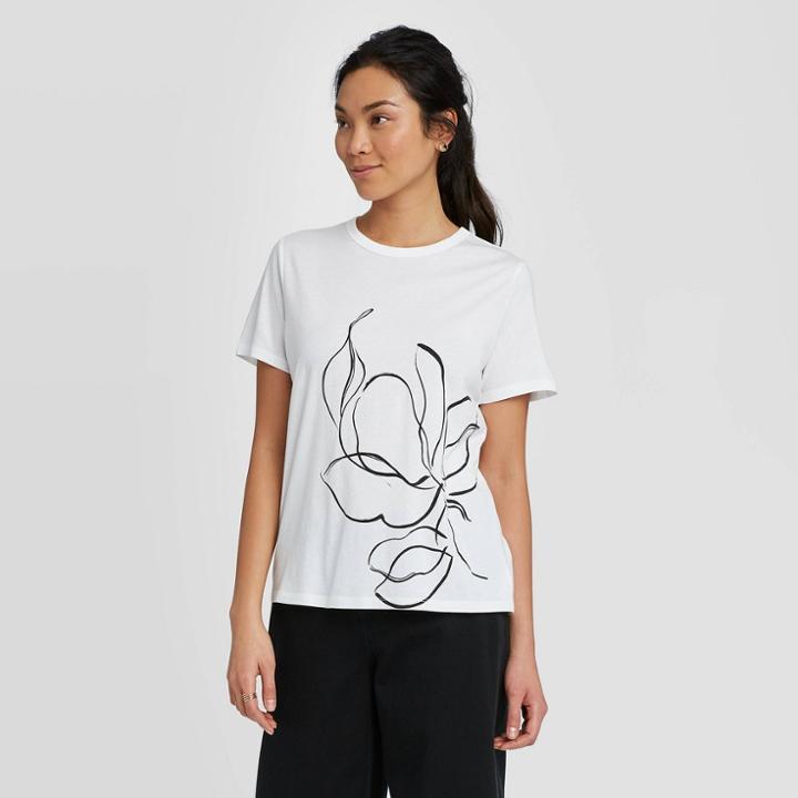 Women's Regular Fit Floral Print Short Sleeve Round Neck T-shirt - A New Day White