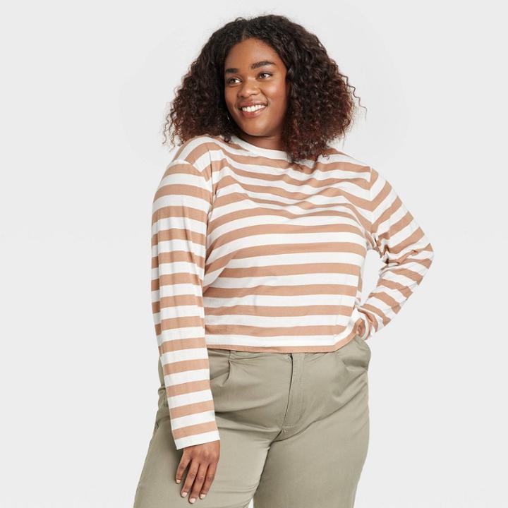 Women's Plus Size Long Sleeve Boxy T-shirt - A New Day Brown/white