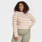 Women's Plus Size Long Sleeve Boxy T-shirt - A New Day Brown/white