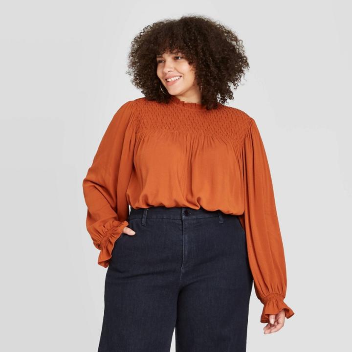 Women's Plus Size Long Sleeve Smocked Blouse - A New Day Rust